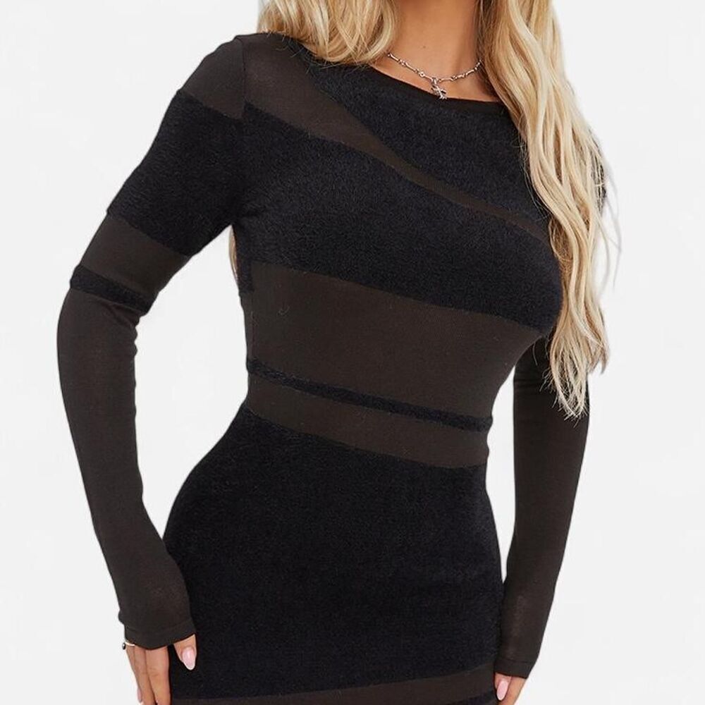 EGO CONTRAST SHEER KNIT FLUFFY Body con mini dress black small - Picture 8 of 8